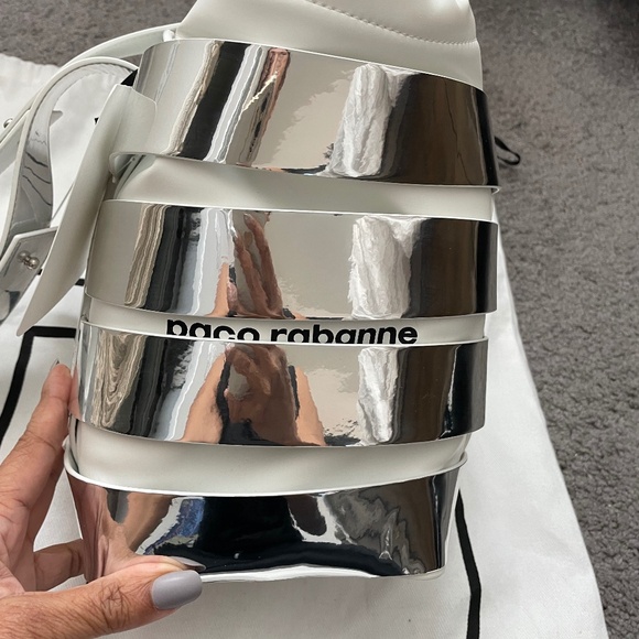 Paco Rabanne Handbags - PACO RABANNE Silver Metallic Mirror Cage Faux Leather Large Bucket Bag